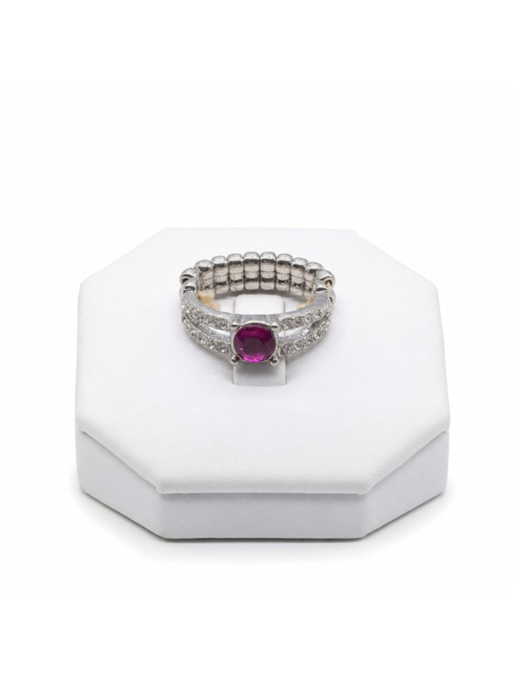 New Silver-Tone Stretch Ring Pink Clear Rhinestones Sparkle Jewelry Plus Size